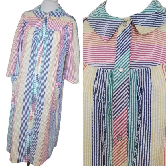 Vintage Rainbow Striped Housecoat Robe Thin Pearl Snap Long Duster Textured S/M - Picture 1 of 12